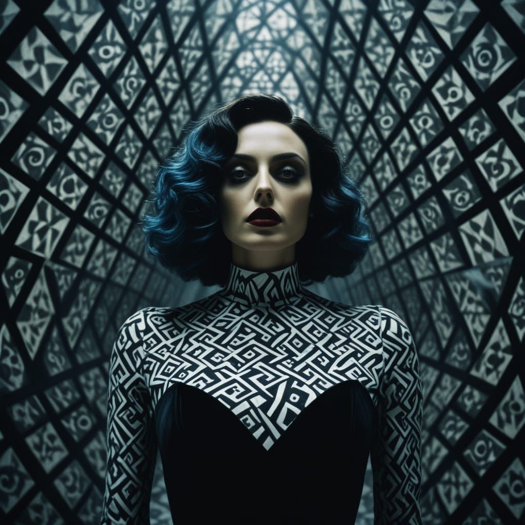 Gothic Woman Portrait in Tim Burton & Escher Style