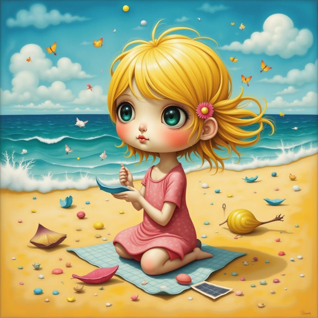 a little gohemian blonde girl playing with seashels, sitting on a sunny beach, wind, art brut: <lora:ArtBrutFantasy:1.0><lora:ArtBrutFantasy...