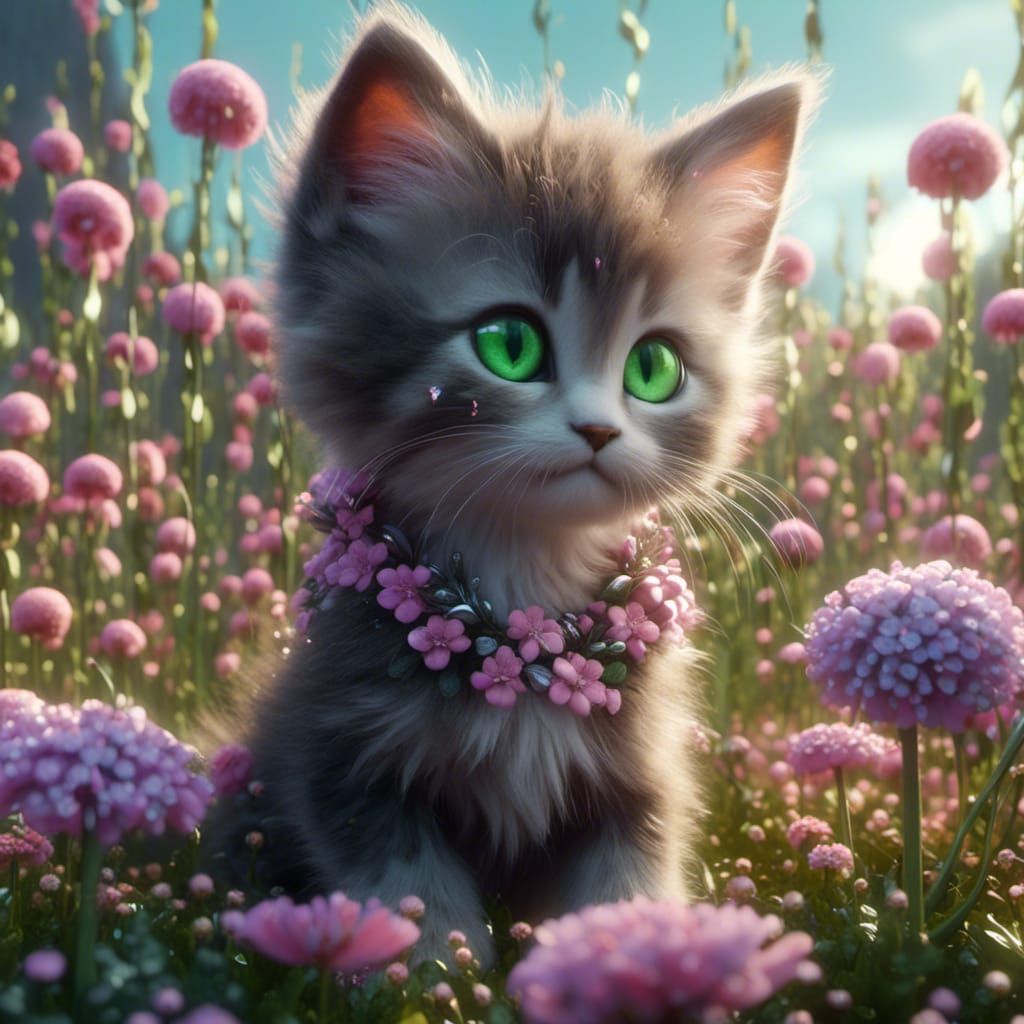Cute, adorable kitten with green pearly eyes and is in a flower field <lora:Sparkle-perfection:1.0> 