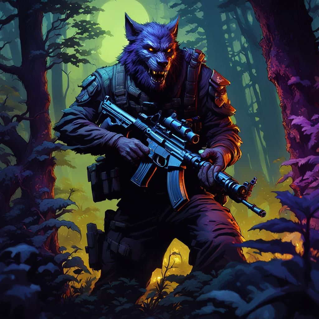 Werewolf soldier with gun in his hand, hiding in the bushes in the dark ...