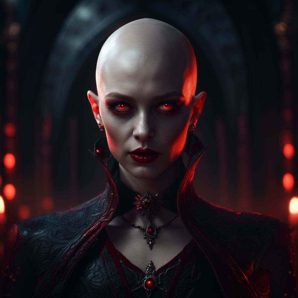 Bald vampire young lady with glowing red eyes - AI Generated Artwork ...