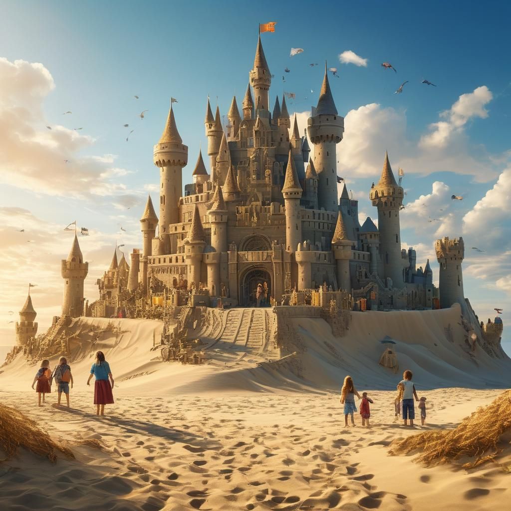 A joyfully united family constructs a magnificent, towering sandcastle, surpassing their own heights.  by @Jarveyboy