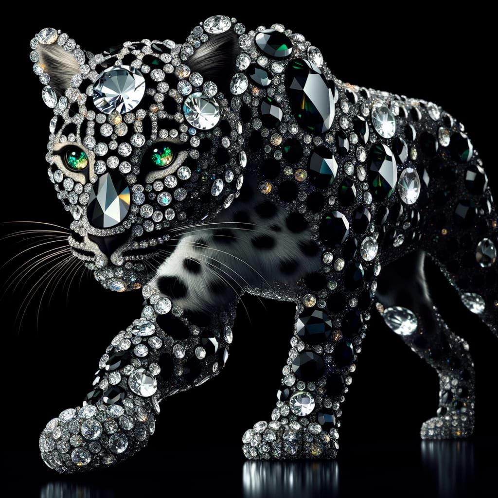 Crystal Leopard with Diamond Fur and Gemstone Spots