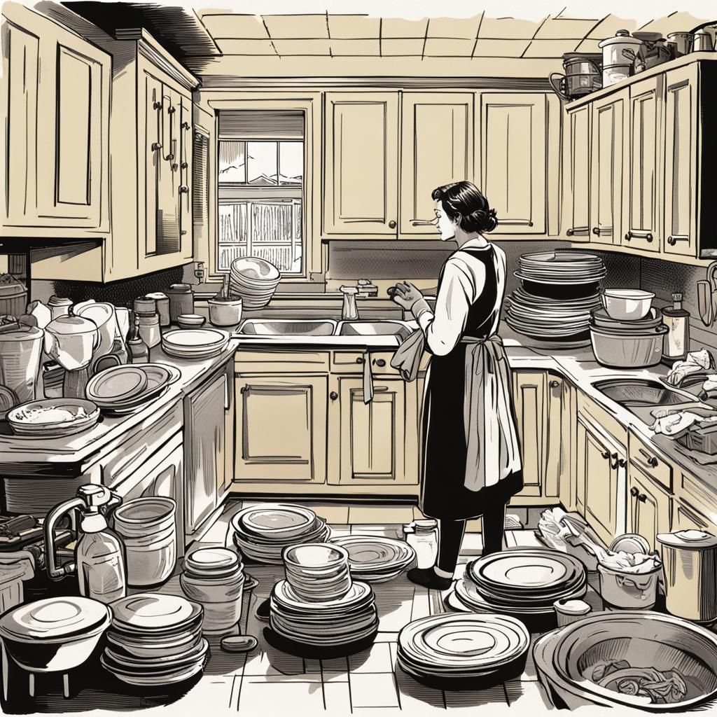 A woman, alone, in the midst of cleaning, stands in a kitche...