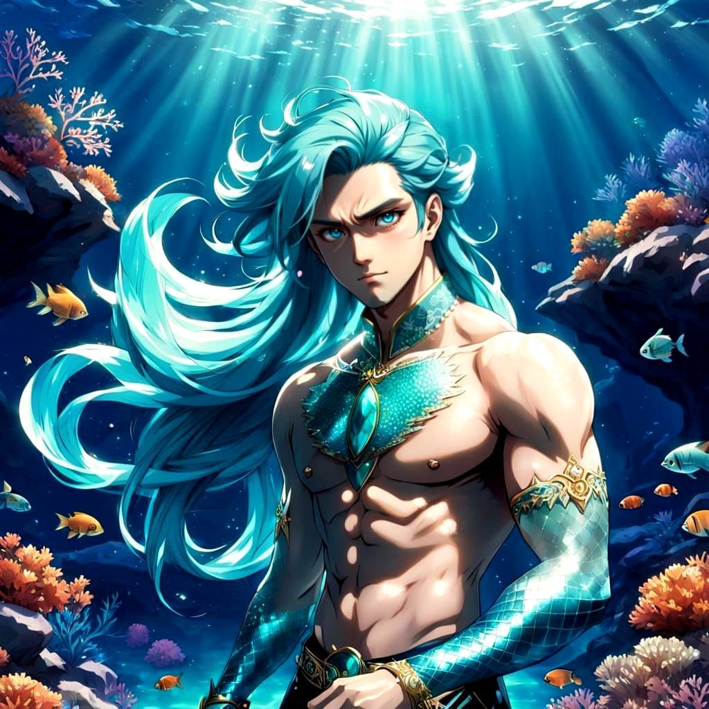 Elegant Merman in Anime Style with Turquoise Hair