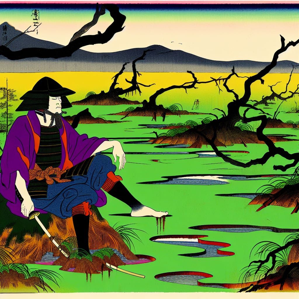 Ukiyo-e Woodblock Print, bold color, lying samurai, bog land...