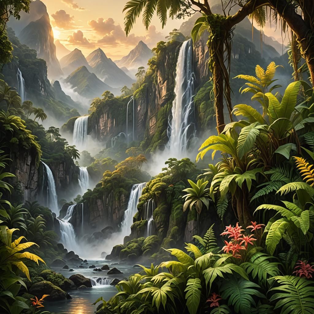 Waterfall and mountains,  amazingly hyperdetailed a masterpi...
