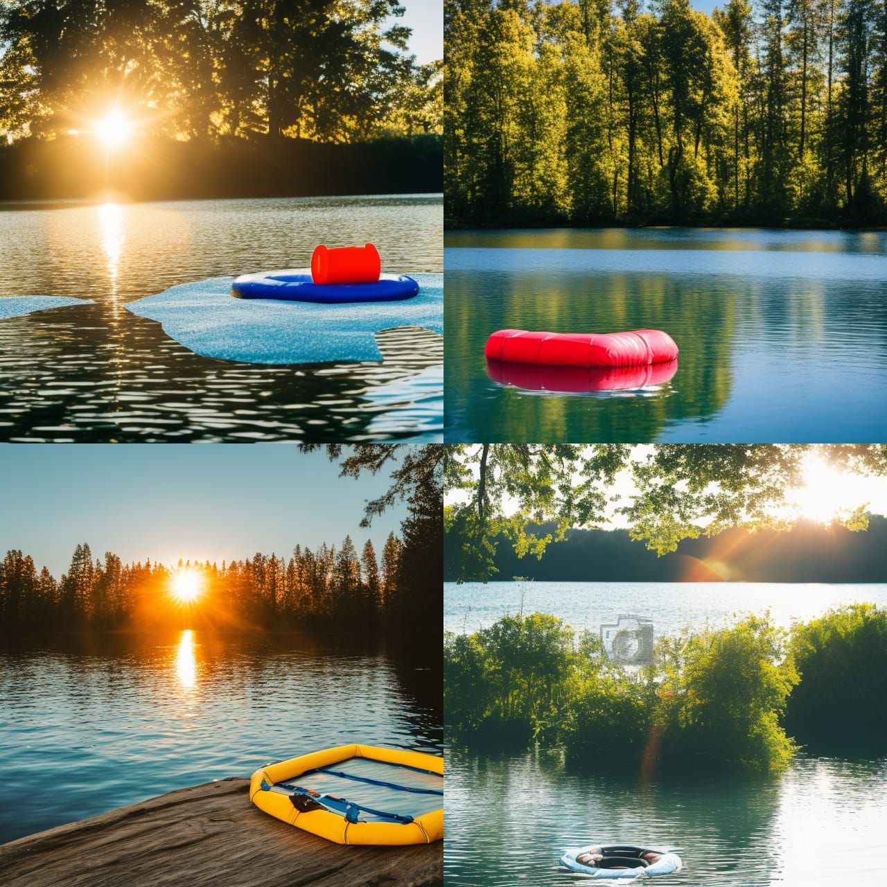 swim raft in the middle of a calm lake with sunshine Profess...
