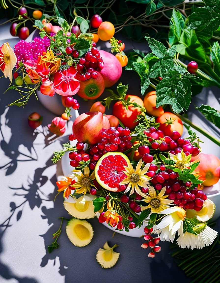 flower bouquets, fruits...