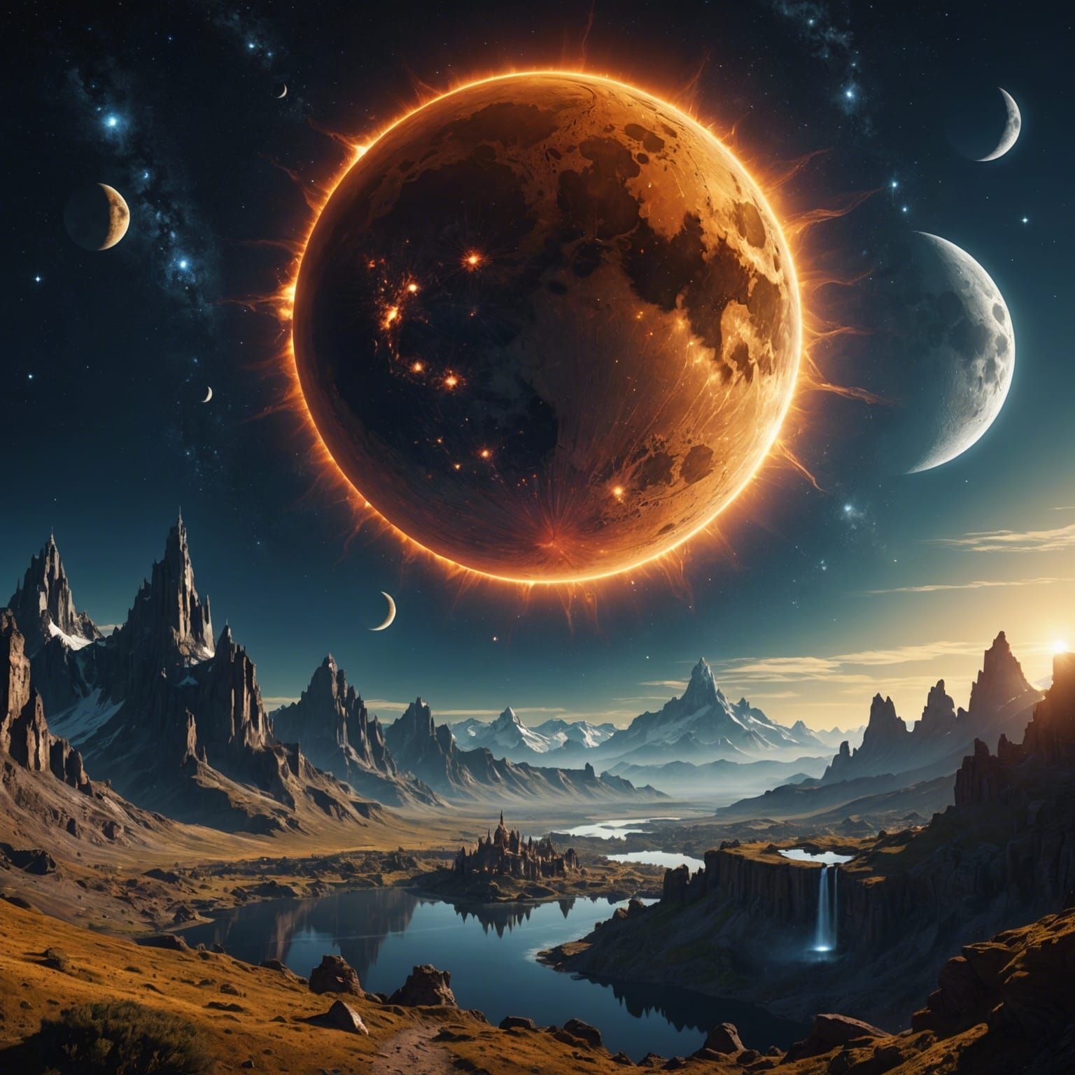 double exposition soleil et lune avec des milliers d'étoiles derrière  by @Dominique Masset