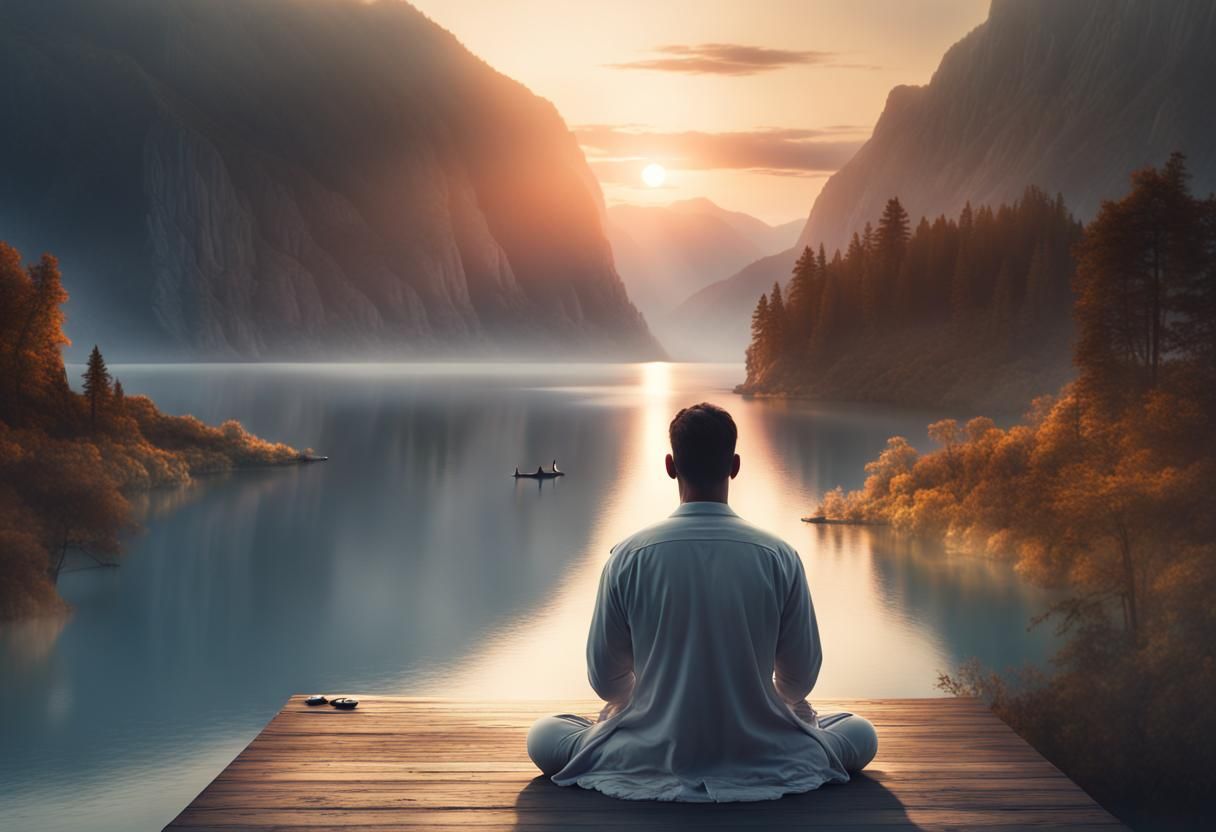 a man in sitting meditation infront of a breathtaking vast still lake, sunrise, view from behind, perfect composition