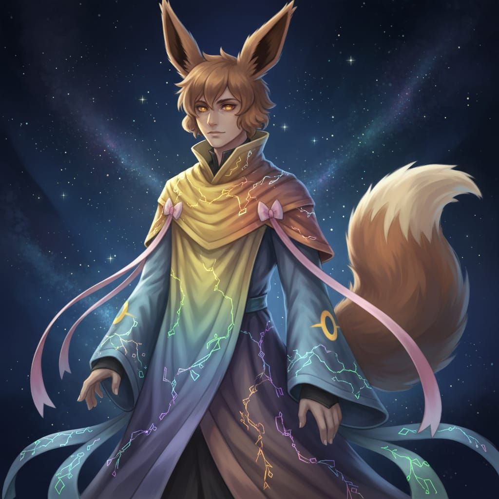 Create a detailed full-body character design of an adult male human, inspired by Eevee and its various evolutions. The character should have...