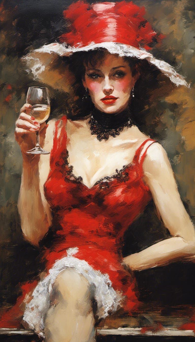 1890's Bar girl with glass of white wine