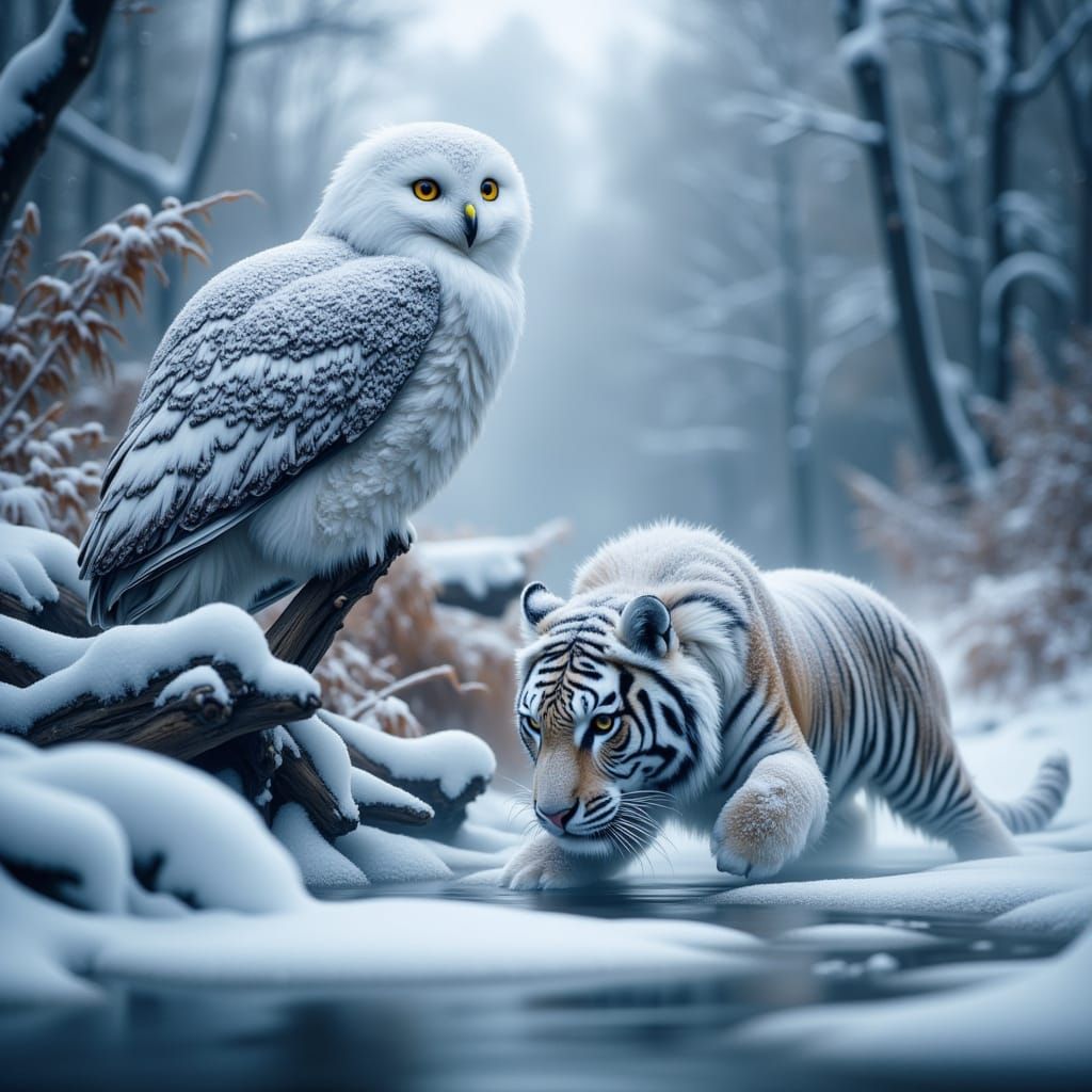 <lora:Dalle3 free upscaler:1.0>winter snowy wildlife endangered birds and animals river tim flach style