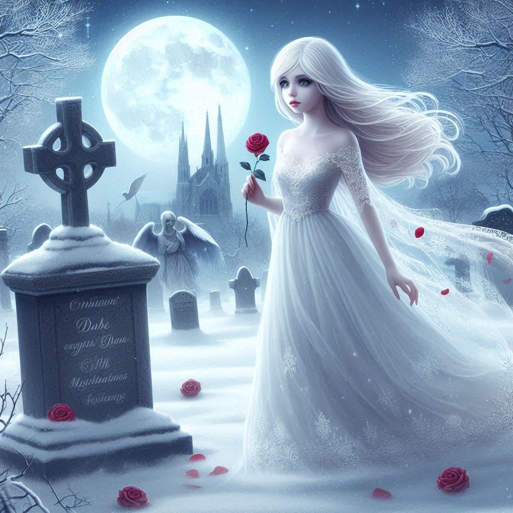 a pale white beautiful ghostly girl is walking through a graveyard. a full moon is in the sky and snow covers the ground...