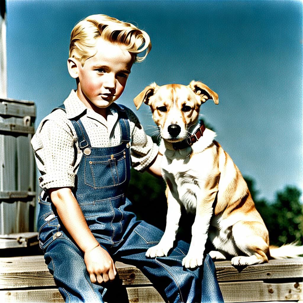 Elvis Presley as a nine year old blonde boy,  blue jean over...