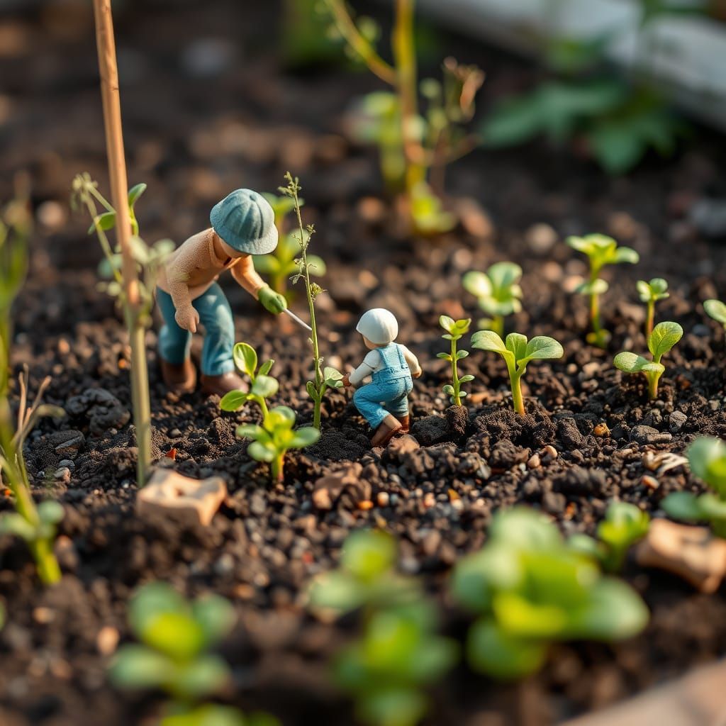 Miniature Garden Bed with Tiny People Planting