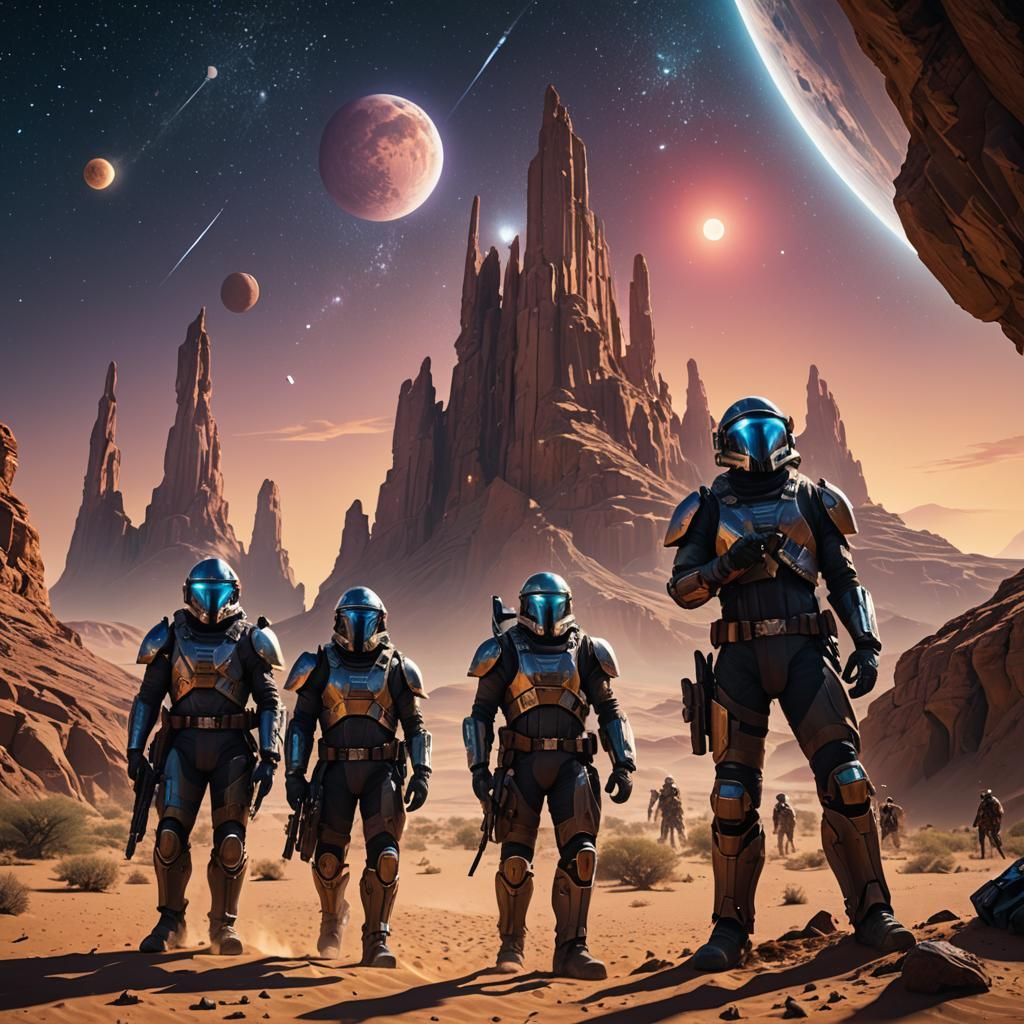 4 bounty hunters without helmets, who have set up a small camp in a desert at night, a little comet, a space station, st...