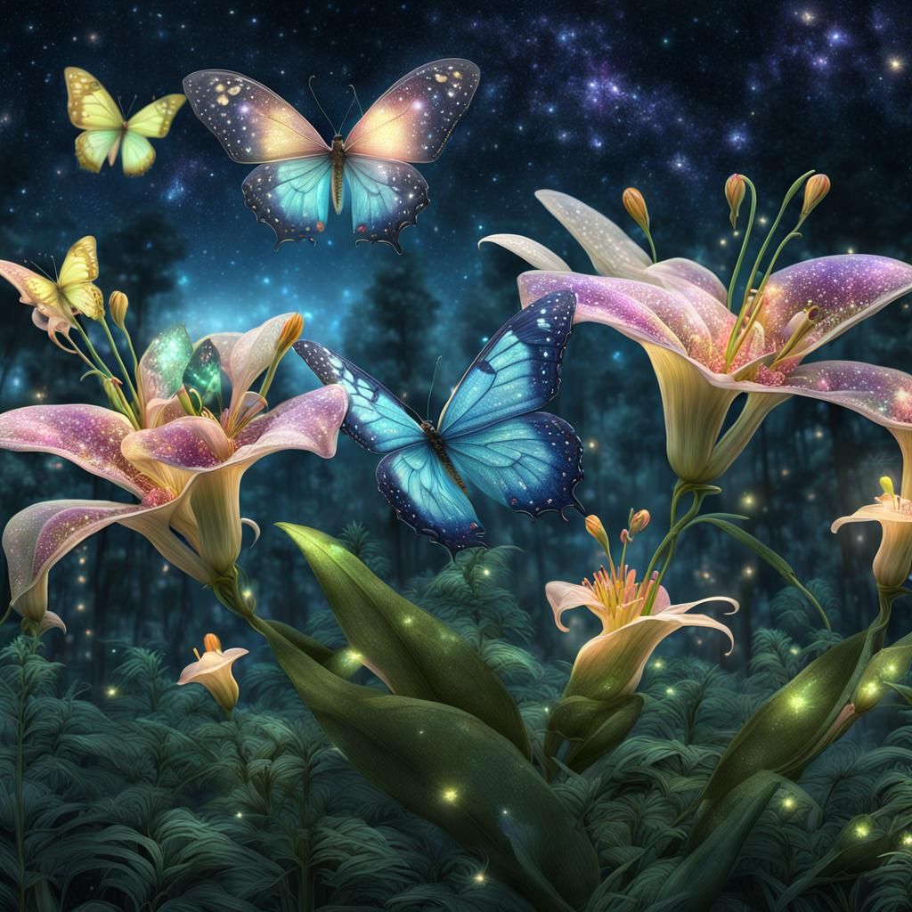 Lily Flower in a forest, sparkling and glittery, butterflies...