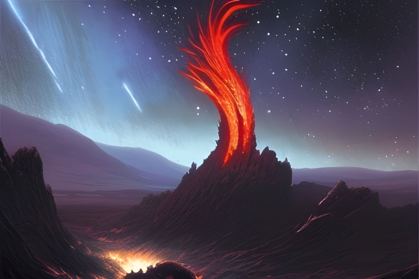 Burning Meadow with Starry Sky in Retro Style