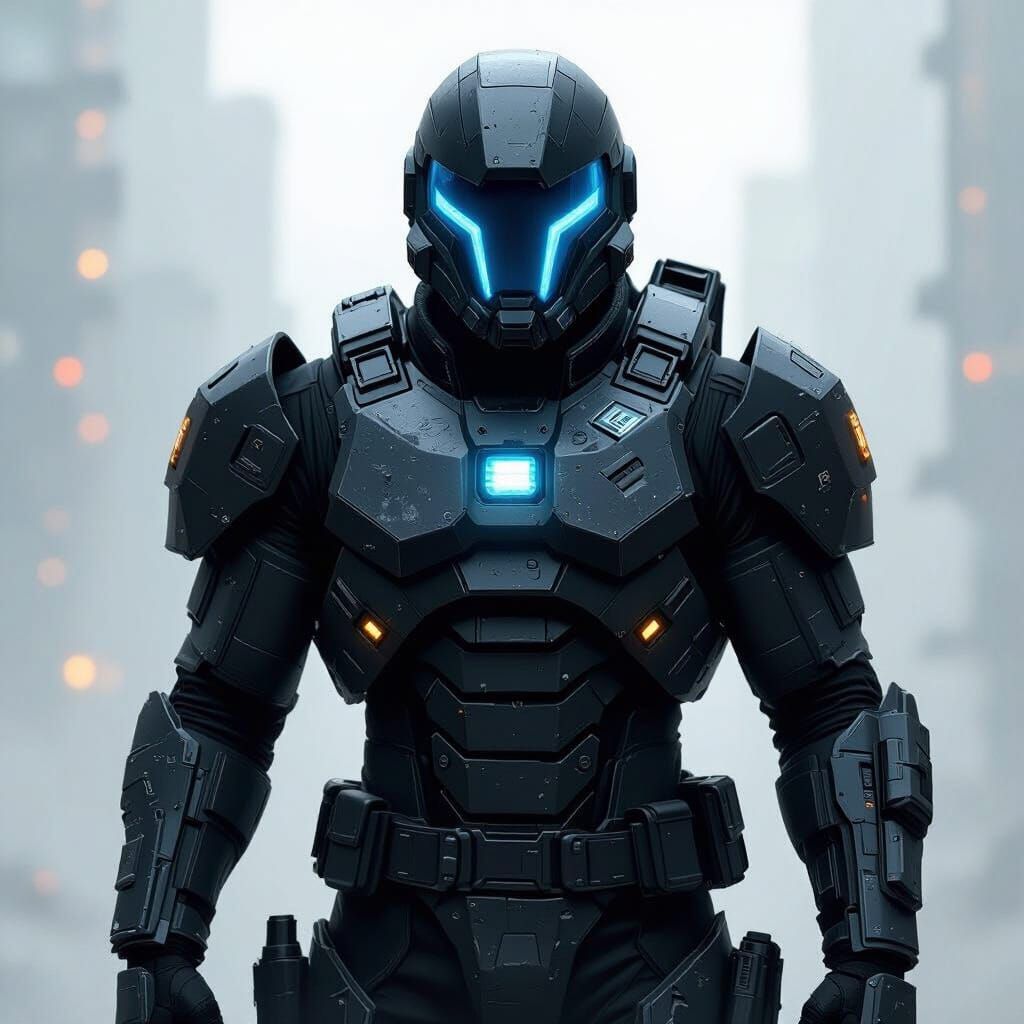 A rugged Sci-Fi Heavily armored soldier with obsidian black armor, a pitch blue visor and two small floodlights built internally into the he...