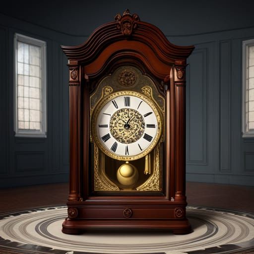 Melting grandfather clock shrouded a darkened room. AI Generated