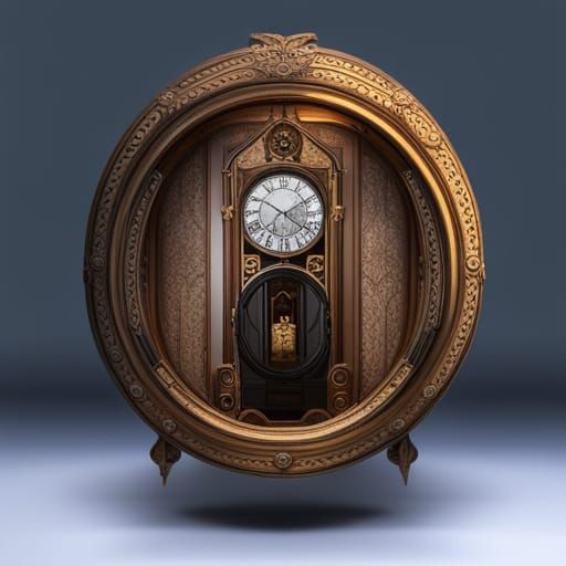 Melting grandfather clock shrouded a darkened room. AI Generated