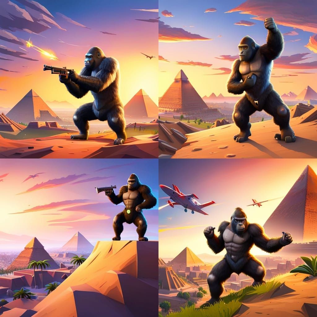 a gorilla fortnite dancing by the great pyramids