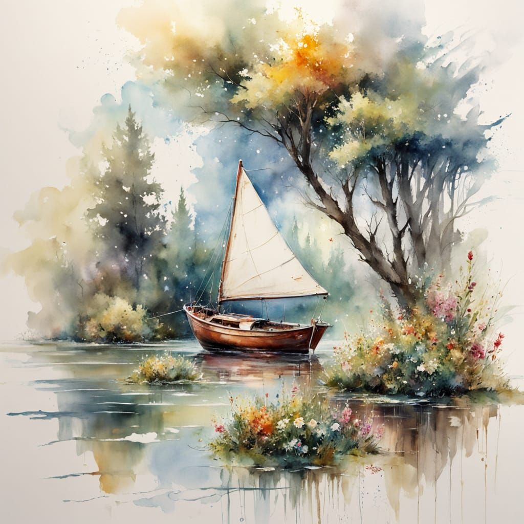 Sailing boat  on a Sunlit lake: In a vibrant forest where trees weave between clusters of blooming wildflowers.
This wat...