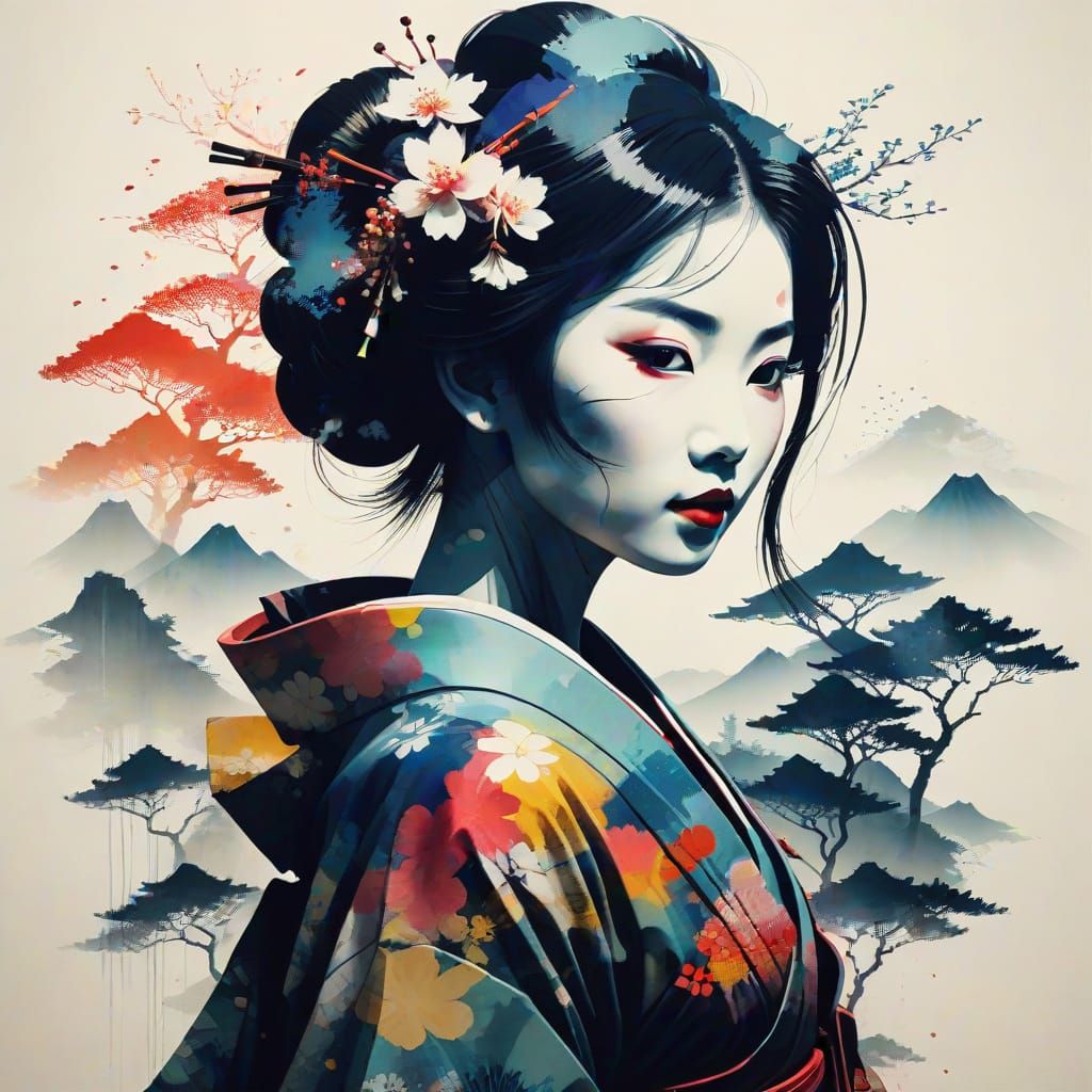 Beautiful geisha and .Japanese landscape art (1 like)  by @JimAZ