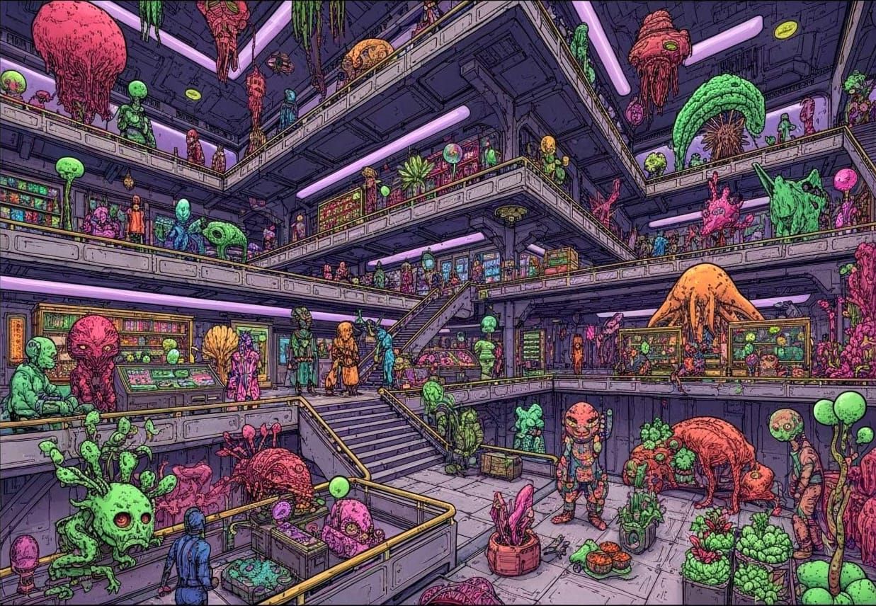 A bustling alien market in a gigantic space station spread across several levels, partly in zero gravity, partly with artificial shear force...