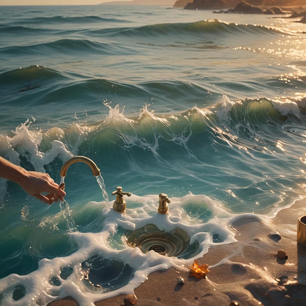 Miniature Ocean Created by Faucet, Oil Painting Style