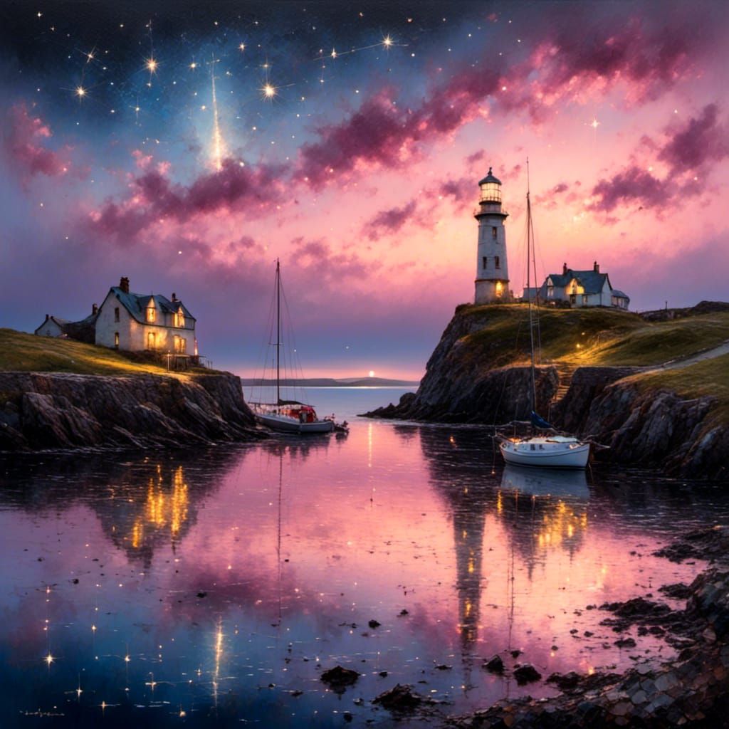 <lora:Lights Camera Action:1.0> Fine oil hyper realistic oil painting. Moment before dawn over a little harbour inlet in Cornwall, lighthous...