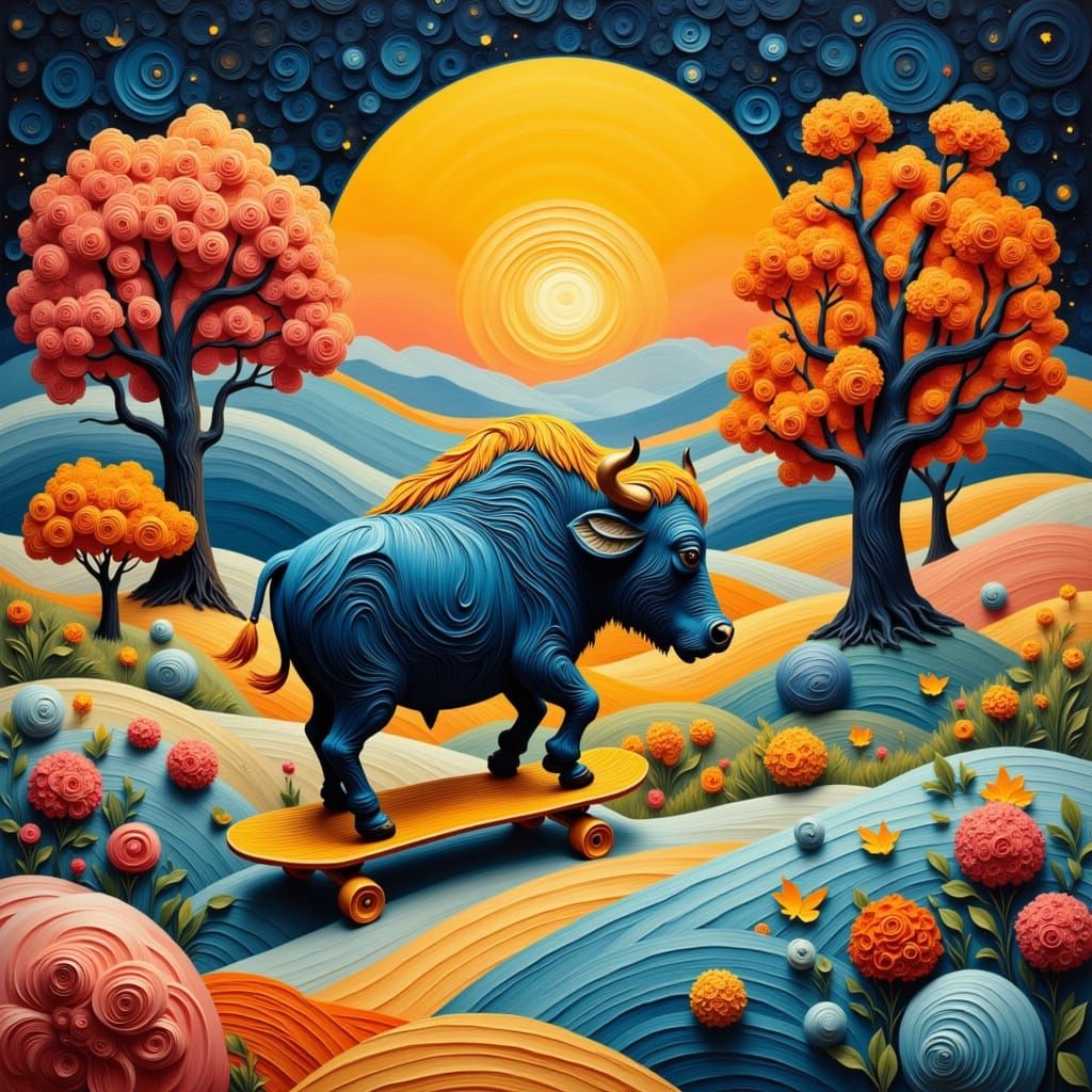 A large water buffalo gracefully rides a tiny skateboard through a whimsical park constructed entirely of spun cotton candy. Layered papercu...