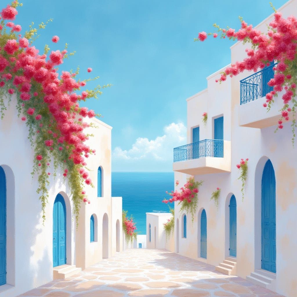 imagine a storybook illustration of a street on the island of Santorini. Blue and white are pastel and saturated. This street, which leads d...