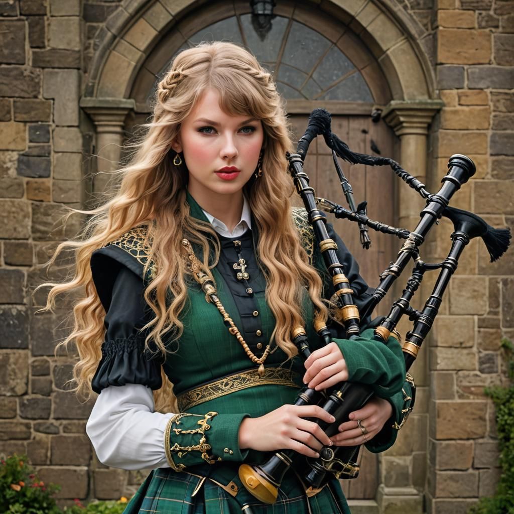 young Taylor Swift, playing on bagpipes, long golden blonde hair, ample