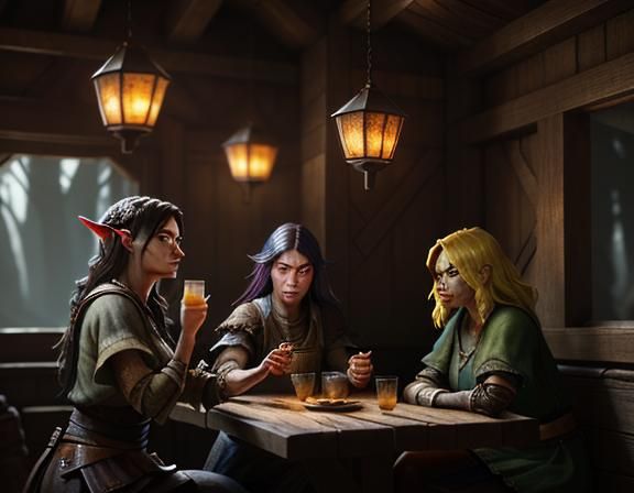 three female goblins drinking cocktails in a rustic tavern. ...