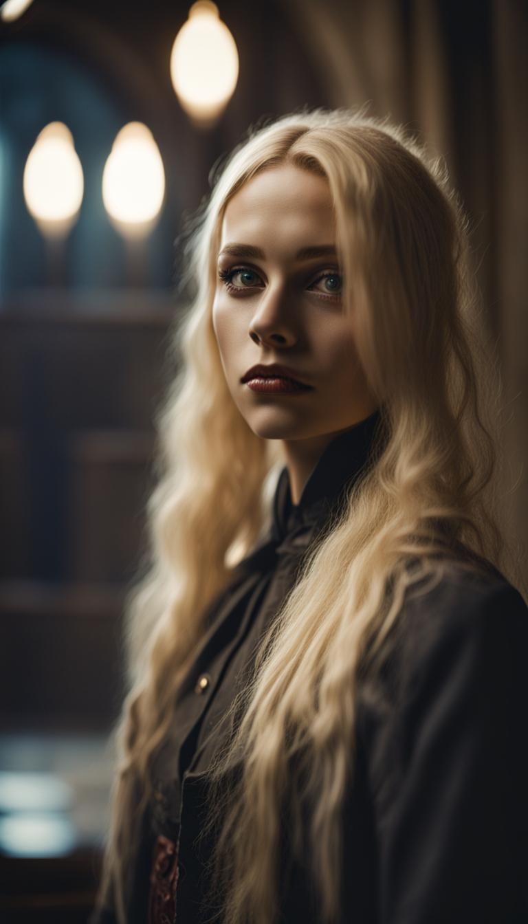 Amused blonde Model Death Eater, Hogwarts setting, dramatic lighting, 8K, Kodak Ektar, film grain, shallow ...  by @Simon