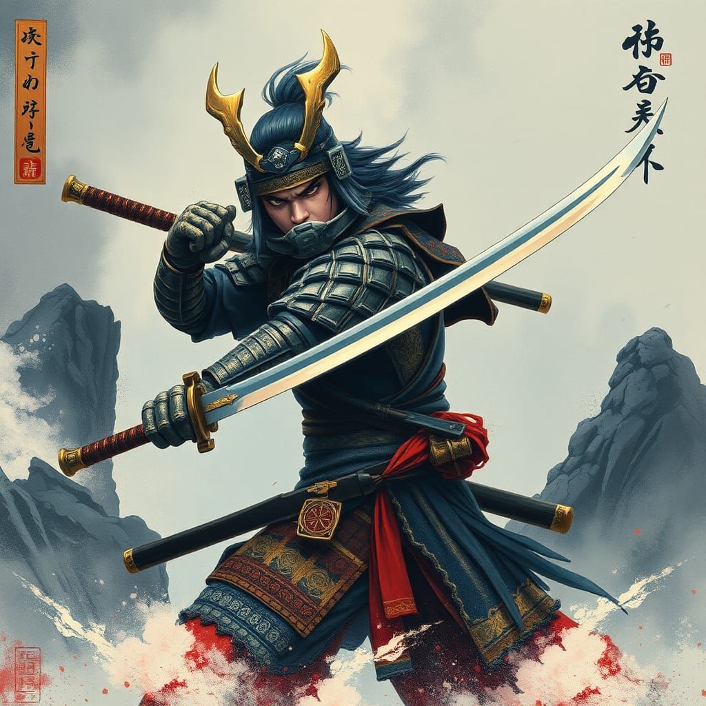 Heroic Warrior Ready for Battle in Ukiyo-e Style