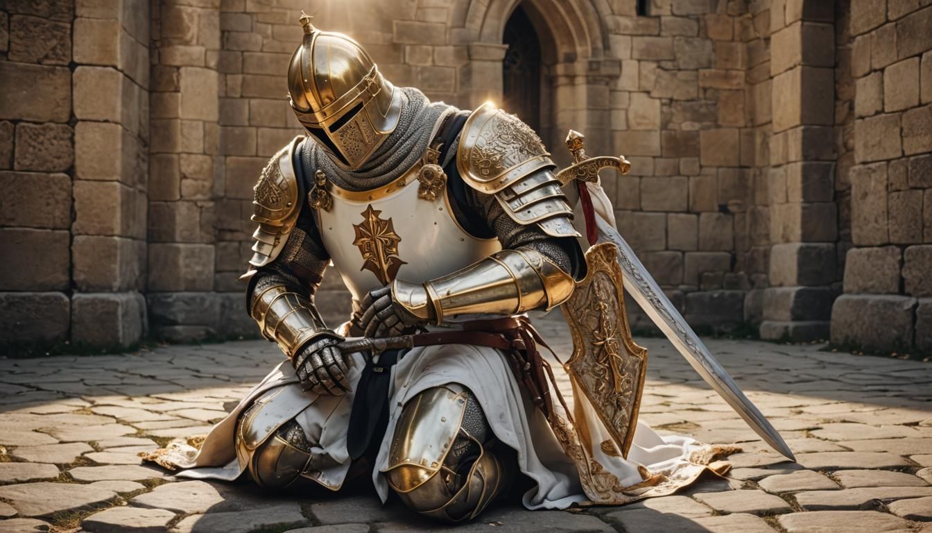 Hyper realistic portrait of a Templar knight in gleaming White And Gold armour kneeling on the ground praying Over His Sword , using it as a...