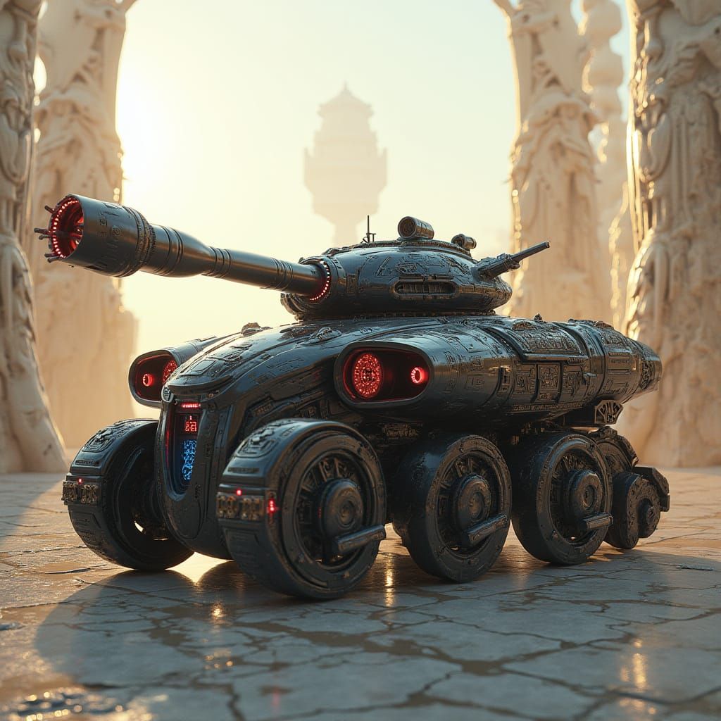 Cyberpunk War Tank in Futuristic Sacred City