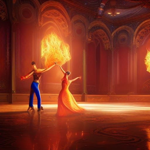 fire prince dancing with princess in ballroom