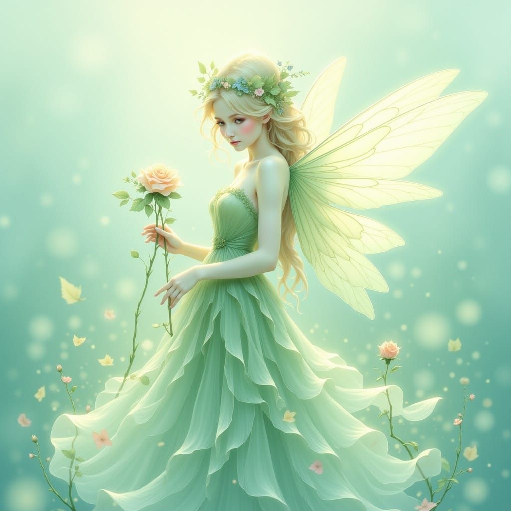 <lora:MrsH Delicate Fae:1.0>  use pastel blue and green  hues, an ethereal fairy dress in billowing green dress holding a rose , minimalist...
