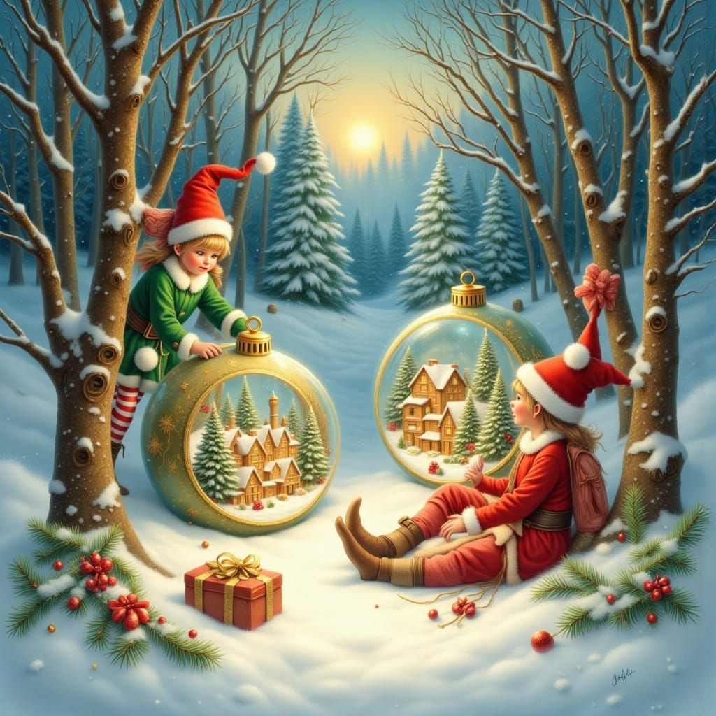 Christmas Elves Polish Glowing Baubles in Snowy Forest