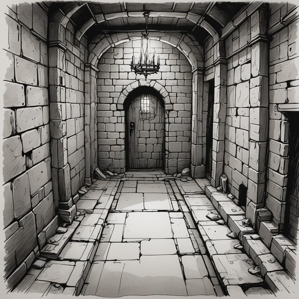 a medieval fantasy dungeon hallway in black and white and a ...