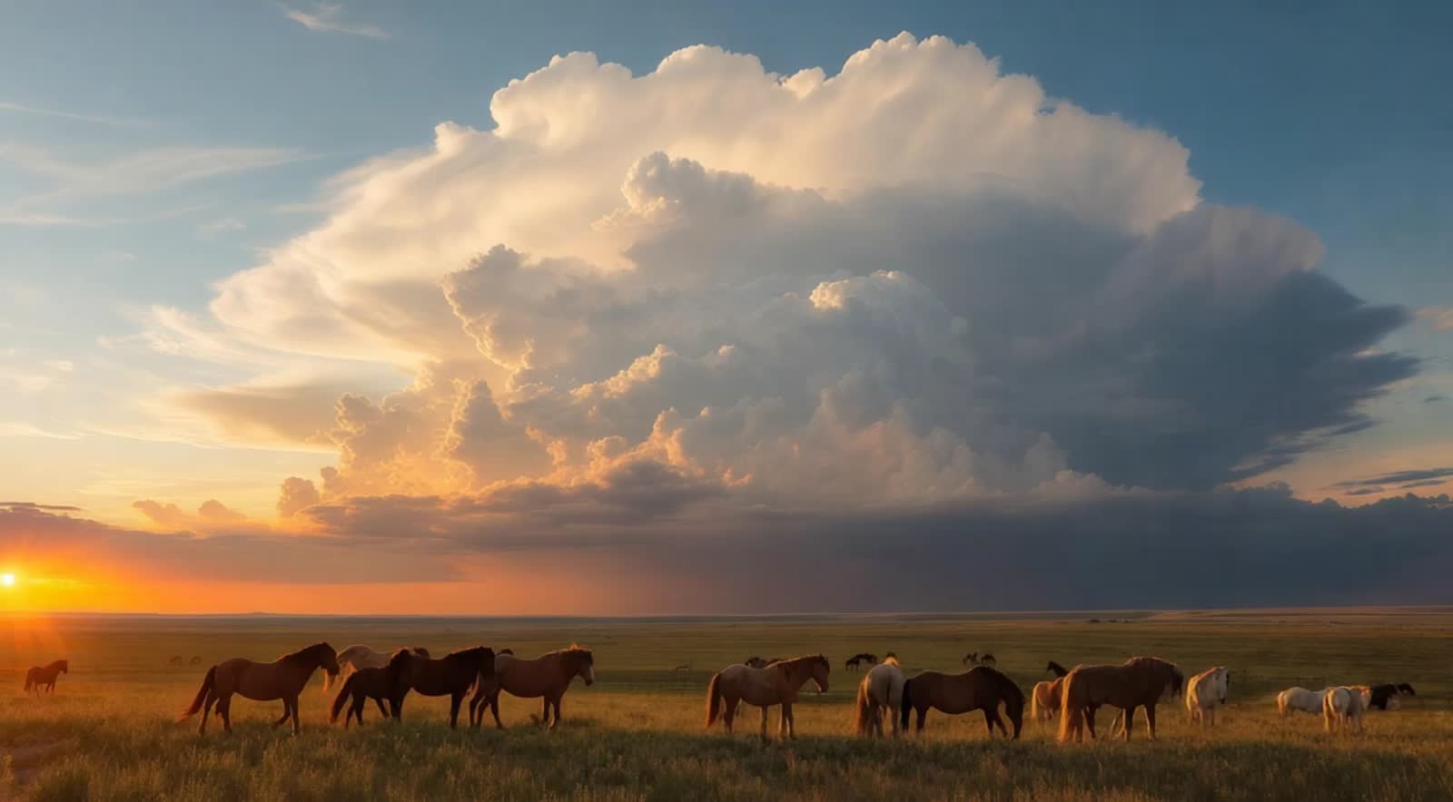 The distant brilliant colorful lightning strikes in a large cloud bank flowing over a quiet countryside of wild horses b...
