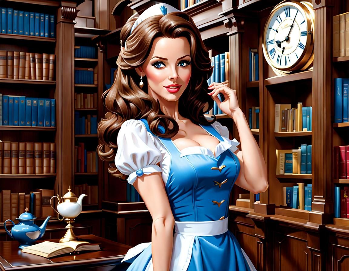 Full body, beautiful pinup woman, brown hair and big blue ey...