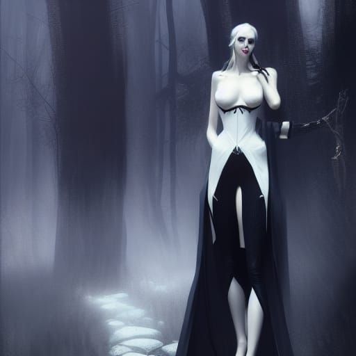 Ethereal gothic woman, tall, slender, solid black eyes, whit...