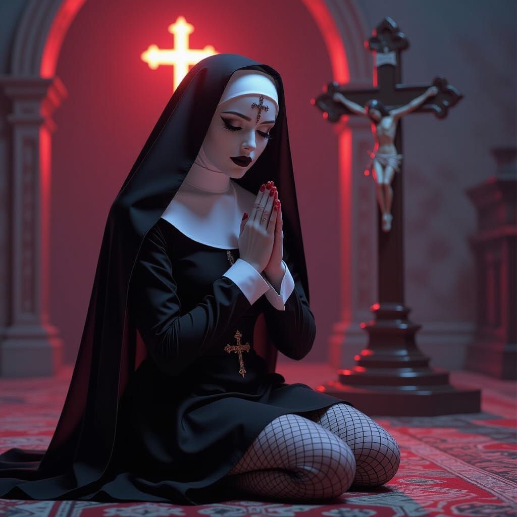 Gothic Nun Praying in Red Light: Ethereal Fantasy Art