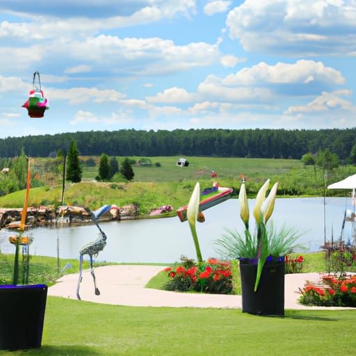 Beautiful landscape with artificial plants and beer lake